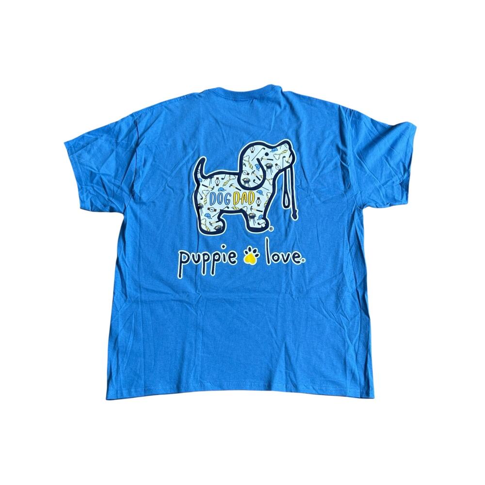 Puppie Love Dog Dad T Shirt Mens Large Blue Graphic Tee Fishing Dog Dad Cotton